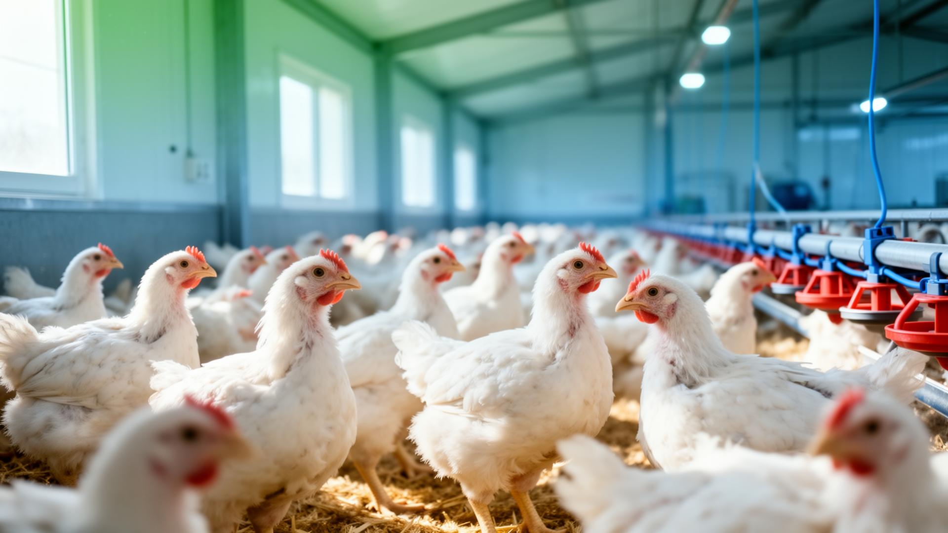 Healthy broiler chickens in a modern poultry farm